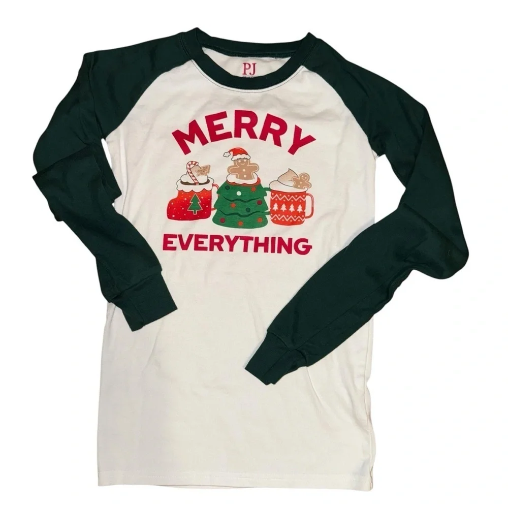 Christmas PJ Top Snug fit Size 16 Kids White W/ Green Sleeves